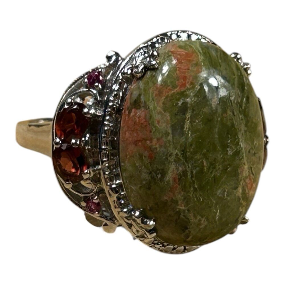 Unakite Ring Garnet Accents Sterling Silver 925 Karis STS Size 7
